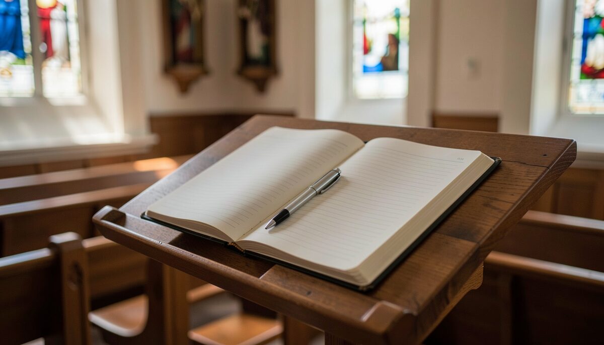 A lectern notebook left open between two sermons years apart.